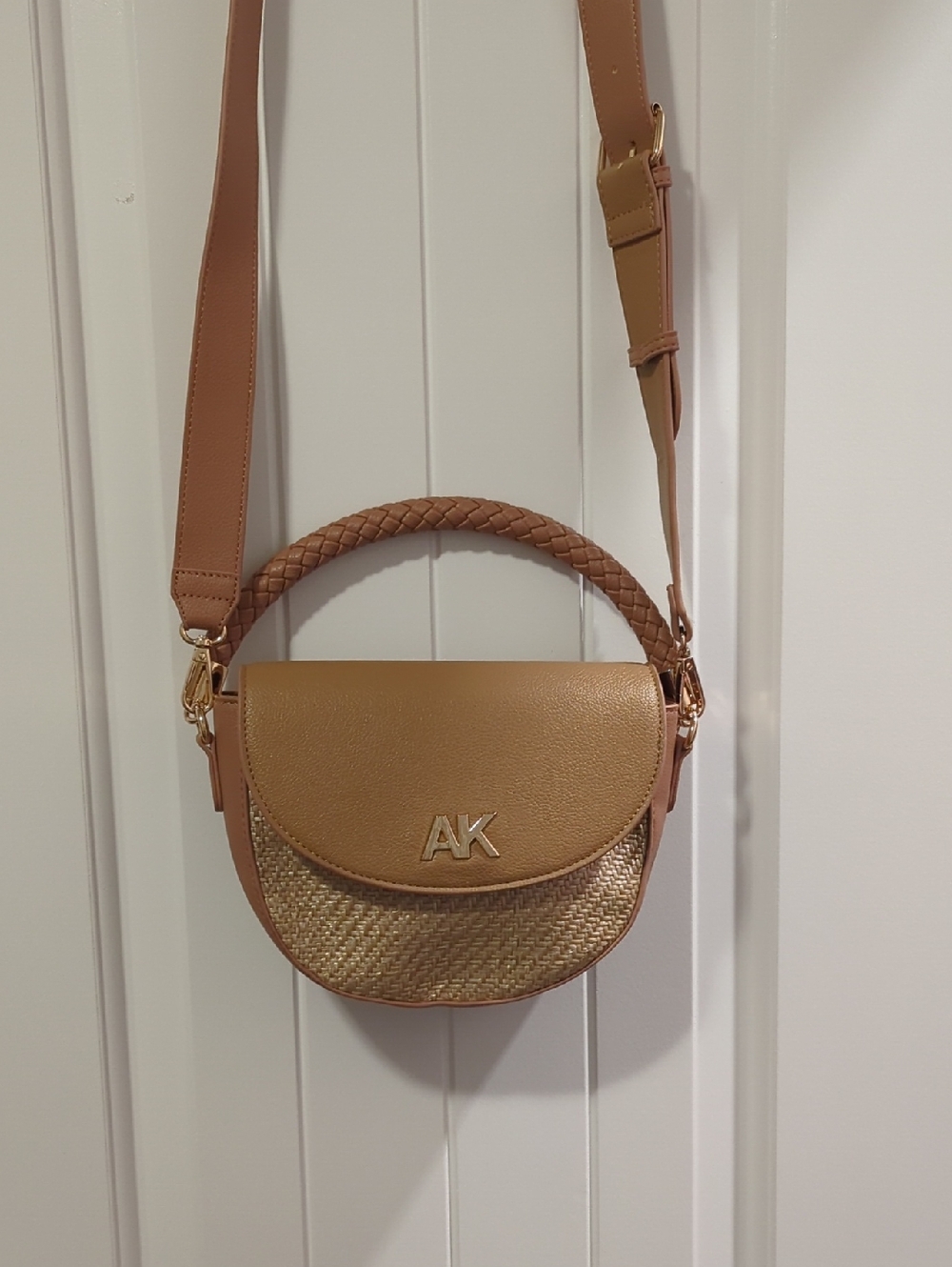 Anne Klein Tan Woven Saddle Crossbody with Braided Handle